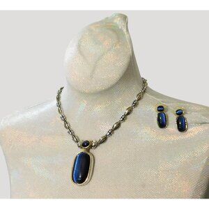 Vintage Two-Tone Necklace Blue Pendant Matching Pierced Earrings Set